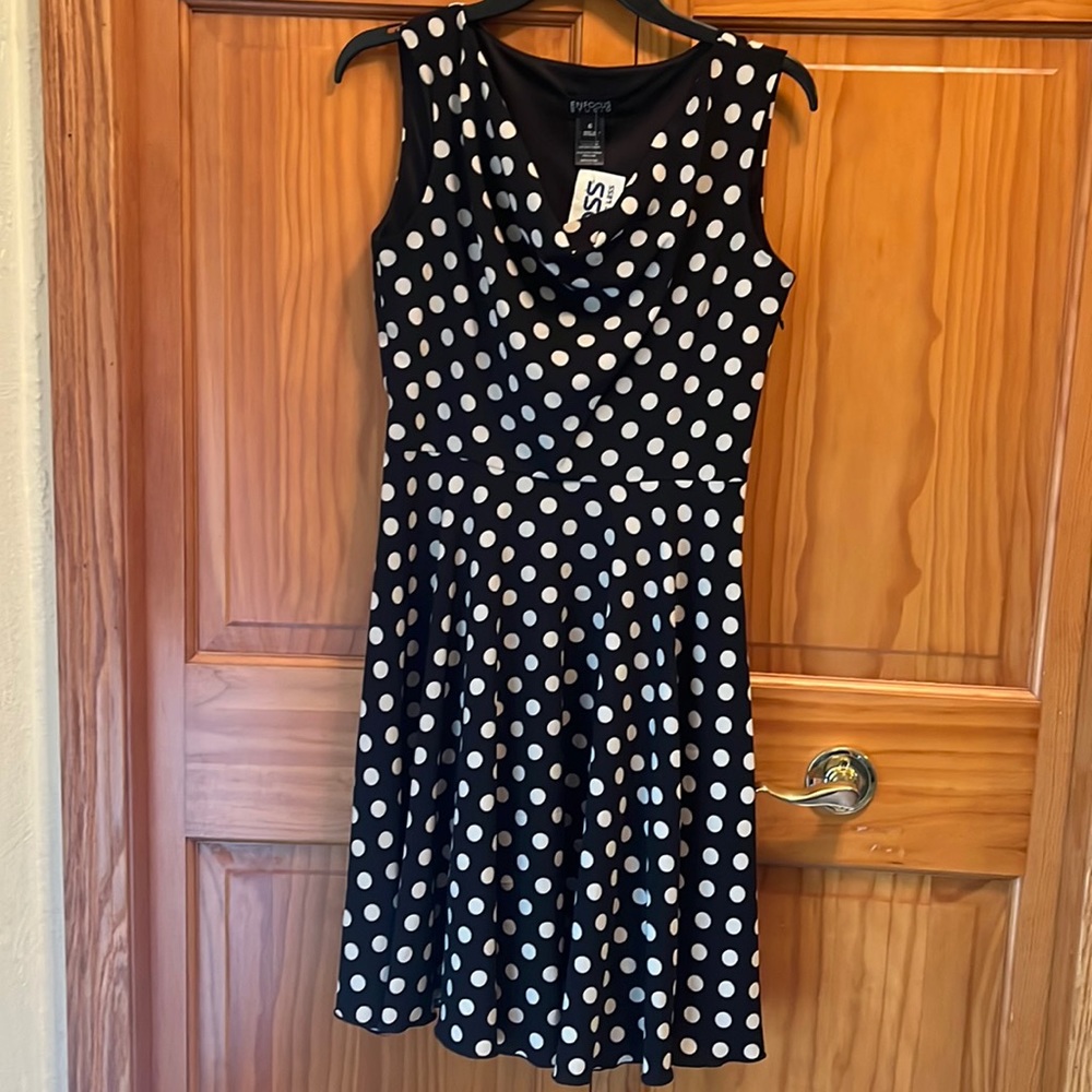 NWT Black with Cream Polka Dress with Cowl Neck